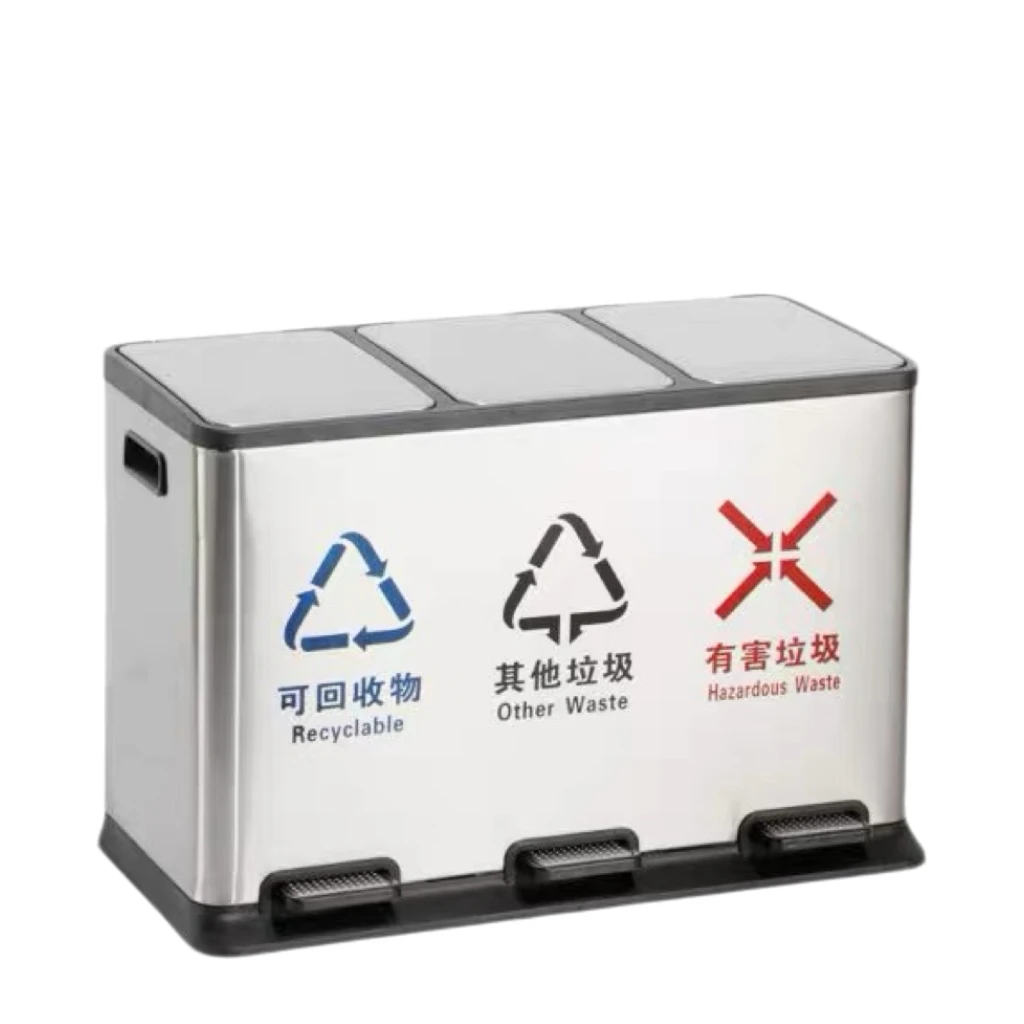HY-26042415 Stainless steel three-section pedal trash bin.