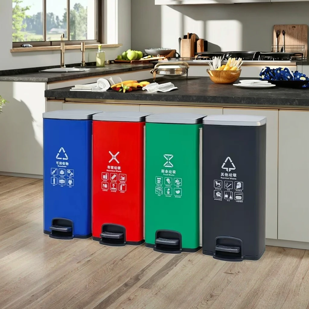 HY-26042416 Stainless steel four-section pedal trash bin.