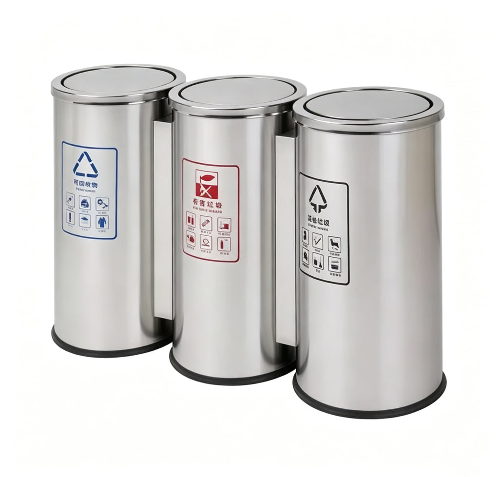 HY-26042717 Three-section stainless steel lid trash can.