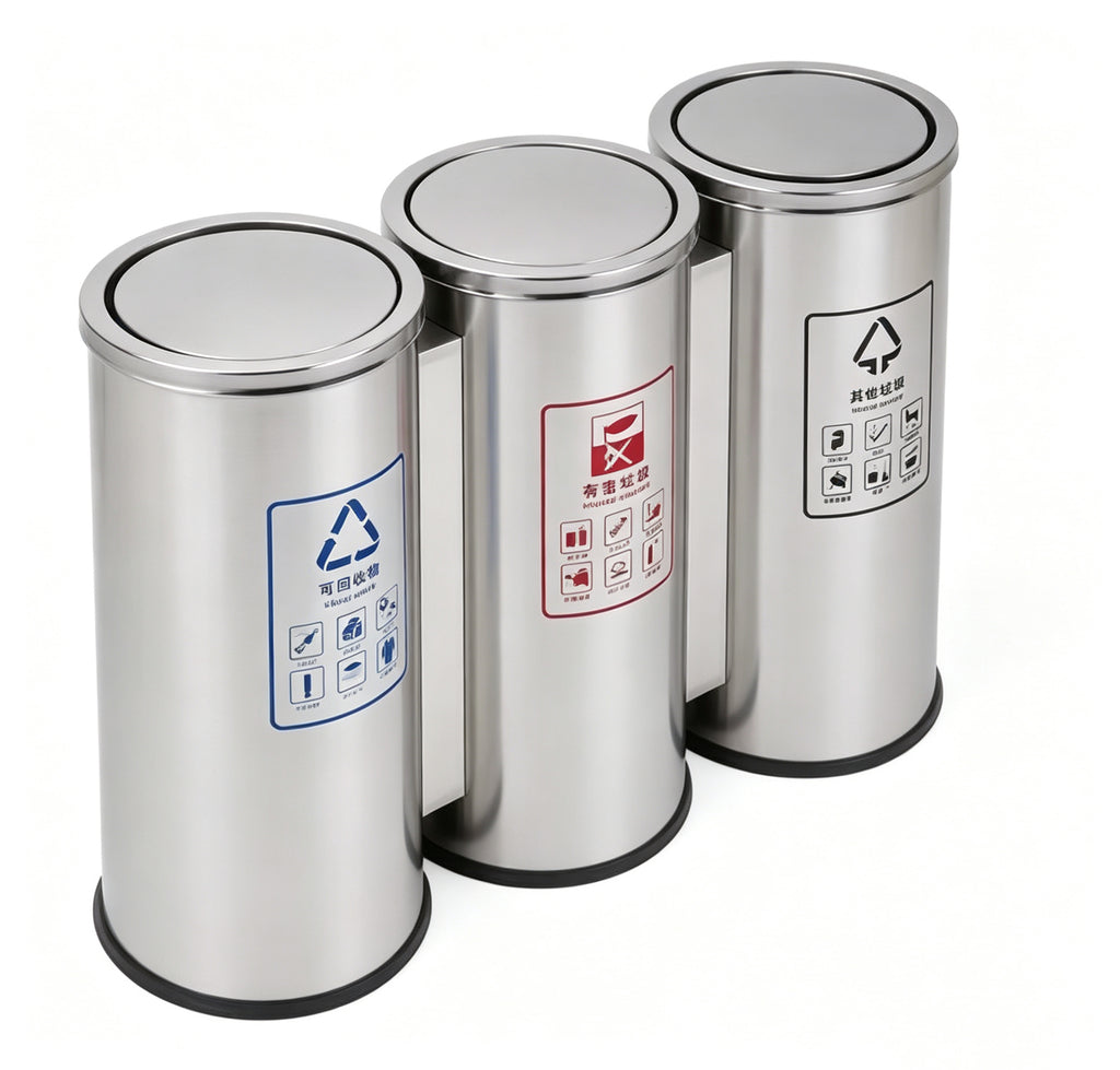 HY-26042717 Three-section stainless steel lid trash can.