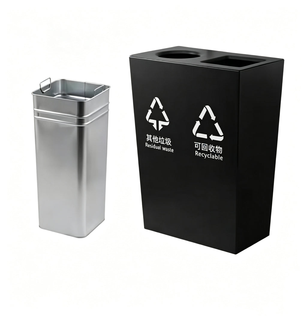 HY-26042805 Black-painted, dual-compartment stainless steel trash bin