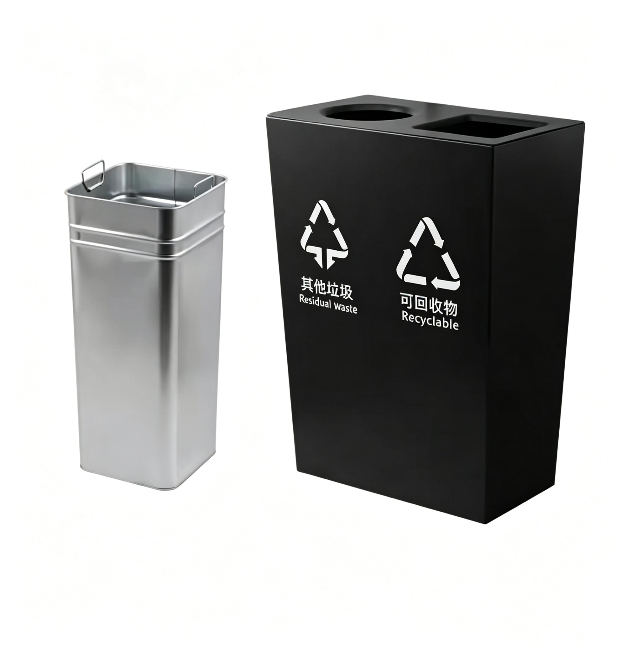 HY-26042805 Black-painted, dual-compartment stainless steel trash bin